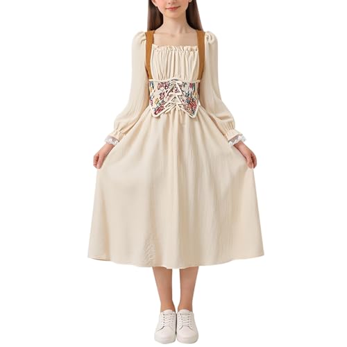 Mjjsk Vestido de fiesta para niñas, vestido de princesa de manga larga, elegante, vestido de graduación, verano, primavera, vacaciones, casual, boda, cumpleaños, ropa infantil, beige, 7-8 años