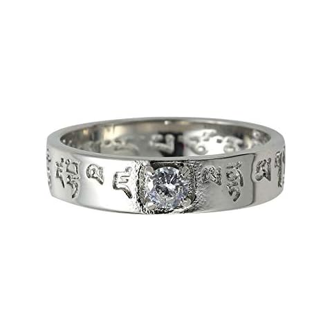 HIJONES Men's Stainless Steel Buddhist Mantra Scripture Ring with Cubic Zirconia 6MM Band Silver Size S Cover