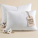 100% Cotton Bed Pillows - Standard Size Set of 2 - Breathable Cotton Cover - Soft, Down Alternative for Back & Stomach Sleepers - Low Density, Low Loft Support & Machine Washable, 20' x 26' (White)