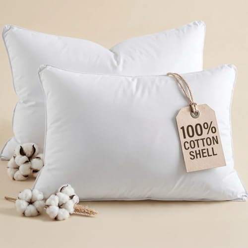 100% Cotton Bed Pillows - Queen Size Set of 2 - Breathable Cotton Cover - Soft Comfy Down Alternative for Back & Stomach Sleepers - Low Density Low Loft Support & Machine Washable 20 x 36 (White)