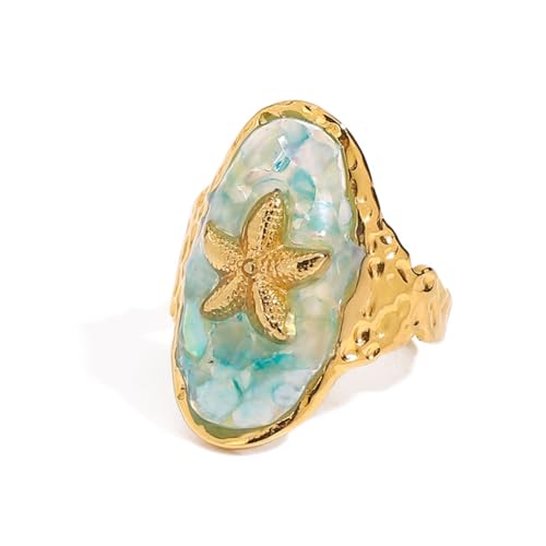 Enamel Starfish Shell Open Band Rings for Women 14K Gold Plated Titanium Steel Blue Ocean Sea Animal Conch Adjustable Wrap Finger Rings Comfirm Fit Vintage Geometric Wedding Engagement Jewelry