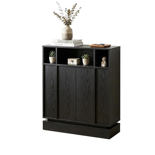 Image of 31.7'' Mid Century Modern Accent Sideboard Storage Cabinet, Black | 11.9''D Slim Credenza, 2 Doors, 3 Open Cubbies, Adjustable Shelf, for Narrow Entryway, Hallway, Living Room & Dining