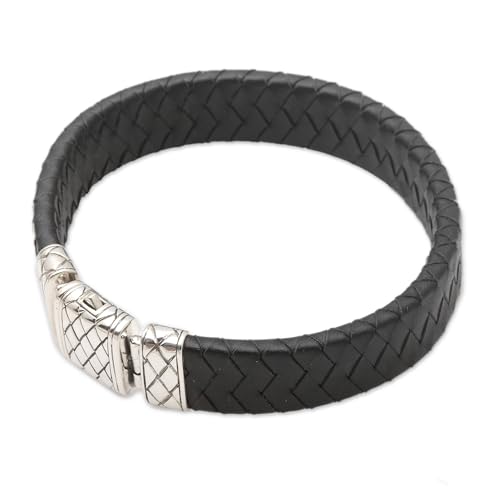 NOVICA Artisan Handmade Men's Leather Sterling Silver Wristband Bracelet Black No Stone Indonesia Modern [bracelet 9 in L x 0.6 in W Fits Wrist Size 8.25 in L] ' Adaptation'