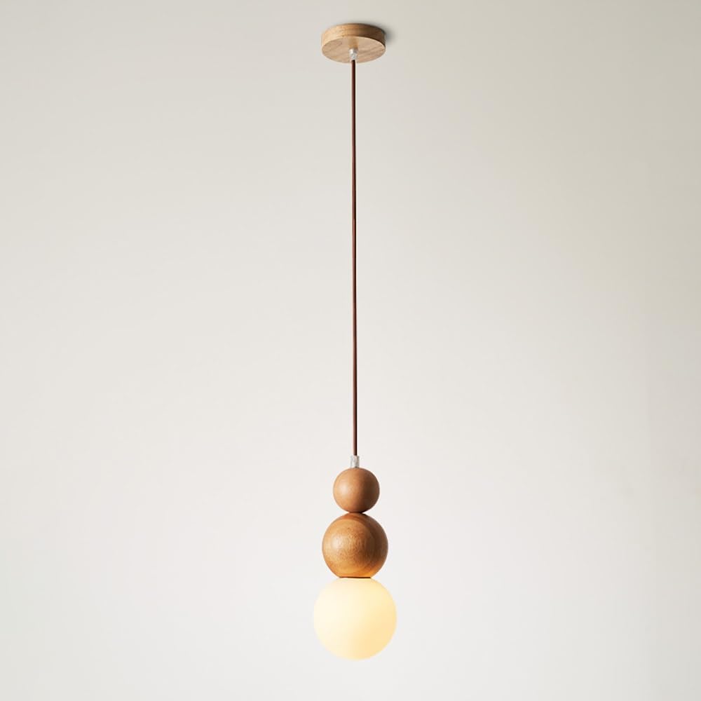 COSRUB Vintage Wood Globe Hanging Lamp, 3 Ball Stacked Mini Pendant Light Fixtures Mid Century Farmhouse Dimmable Chandelier for Bedroom Bedside Reading Nook(Wood,3000K)