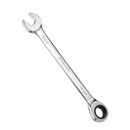 WORKPRO 19 mm Ratcheting Combination Wrench Metric, CR-V Constructed with Mirror Polish Chrome Plating, 12-Point Design, 15-Degree Offset 19mm Mirror Polish