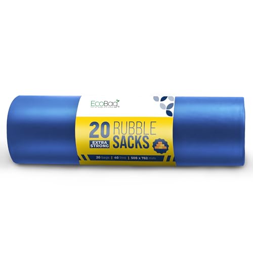 EcoBag 20 Blue Rubble Bags - 40L Capacity & 100 micron, Recyclable Heavy Duty Bin Bags, Leak Resistant Rubble Sacks, Eco-Friendly Garden Sacks, Bin Liners for Garden, Builders, Caterers, Kitchen, DIY