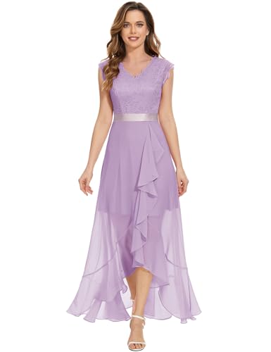 Dressystar V-Ausschnitt Abendkleid Lang Elegant für Hochzeit Hi-Lo Hochzeitsgast Maxi Floral Spitze Abschlussball Kleid Lavendel L