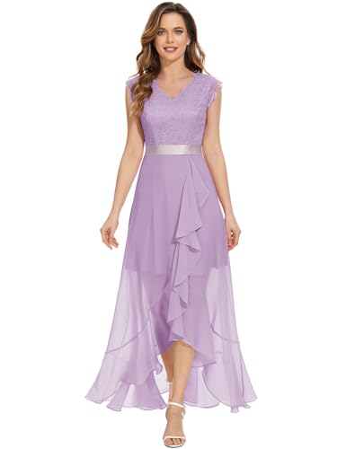 Dressystar V-Ausschnitt Abendkleid Lang Elegant für Hochzeit Hi-Lo Hochzeitsgast Maxi Floral Spitze Abschlussball Kleid Lavendel S