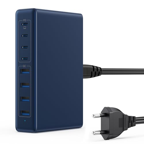 200W Cargador USB C Multiple, 8 in 1 GAN III Cargador Carga Rápida PPS QC4.0 PD 65W Cargador de Portátil, Universal USB C Charger para MacBook Pro/Air, iPhone 16/15/14/13 Pro,Samsung Galaxy (Azul)