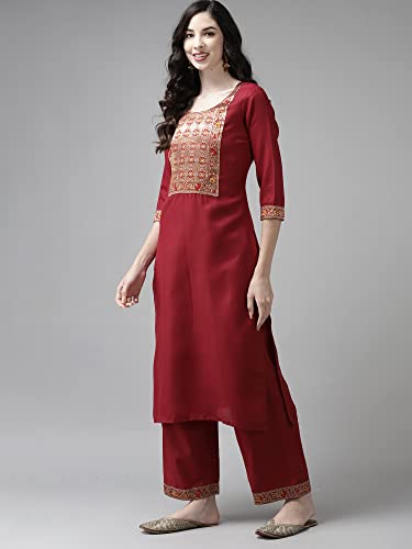Image of INDO ERA Women's Cotton Blend Yoke Design Straight Kurta with Pant & Dupatta Set