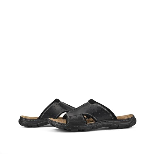 FIEEIF Men’s Original Leather Slide Sandals with Arch Support Hand-sewn Stitching Comfortable Cushion Walking Flip Flop Slip On Indoor Outdoor Summer Footwear2