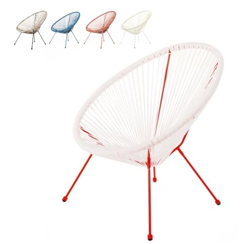 LOLAhome Sillón de jardín Acapulco Blanco y Rojo | Cuerdas de Rattan PE y Acero | 73x80x85 cm | con Topes de Goma, Resistente hasta 120kg | para Interior y Exterior, Jardín, Terraza | Acapulco