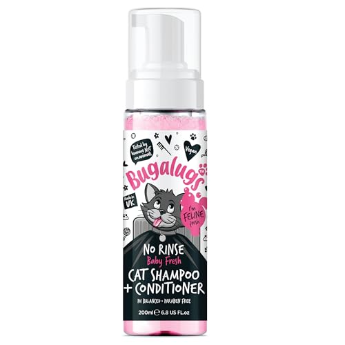 Bugalugs No Rinse Cat Shampoo & Conditioner with Baby Fresh Fragrance. Brush through for cats and kittens. Foam action grooming dry shampoo kitten (200ml No Rinse Shampoo)