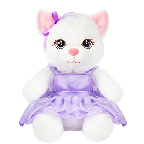 Cuteoy White Cat Stuffed Animal in Purple Dress Soft Plush Kitty Toy Cute Plushies for Girls Boys Birthday
