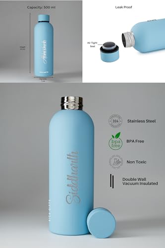 Image of AICA Personalized Name Stainless Steel Water Bottle -500ml -12Hrs Hot & 18Hrs Cold (Babyblue) |Customised Gift For Man Woman Girl Boy