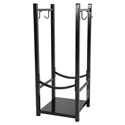 Sunnydaze Firewood Log Rack With Tool Holder Hooks - Durable Powder-Coated Steel Space-Saving Indoor Or Outdoor Small Profile Wood Storage System - Black #TOP1