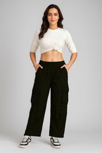 Image of ADDYVERO Elastic Cotton Solid Non-Stretchable Regular Fit Full Length Women Casual Wear Cargo Pant