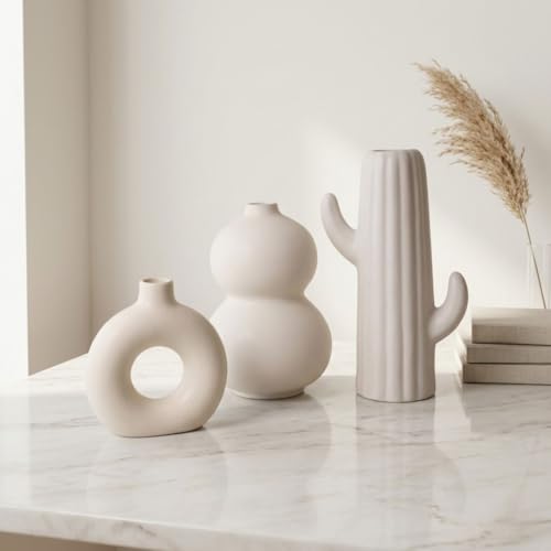 Image of Modern Ceramic Vase Set of 3 | Nordic Minimalist Donut & Abstract Design Decorative Flower Vases | Matte White Home Decor for Living Room, Table, Shelf & Office | Pampas & Dried Flower Vase