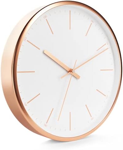 Driini Modern Rose Gold Analog Wall Clock - Decorative Aluminum Frame with White Face (12 inch) - Battery Operated, Silent, and Non-Ticking - Contemporary Decor for Office, Living Room, or Bathroom