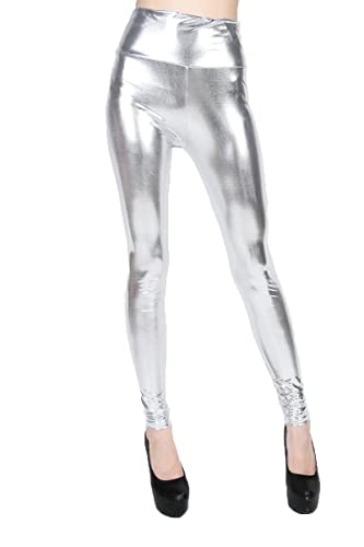 ellazhu Women Silver Faux Leather Leggings High Waisted Pants 2143 Silver