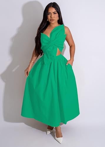 Image of YUEWOO Midi Dresses for Women Casual Summer Sundresses Vacation Outfits Spaghetti Strap Smocked Women Maxi Dress with Pockets