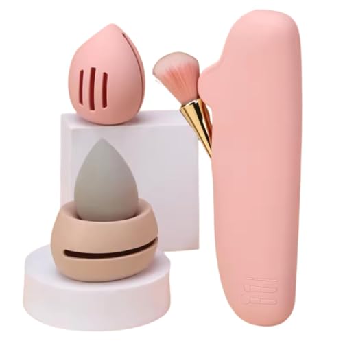 Combo Organizador de Maquiagem com Porta Pincéis e Porta Esponja de Maquiagem - Proteção e cuidado para seus pincéis e esponja de maquiagem - Util para sua bolsa, necessaire ou em viagens (Nude)