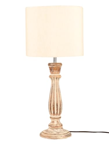 Image of Green Girgit Athens Wooden Lamp in Distress White Color with Jute White Shade, Vintage Style Table Lamp with Fluted Base & Beige Fabric Shade (LED Bulb Included)