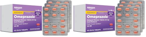 Image of Amazon Basic Care Omeprazole Delayed Release Tablets 20 mg, Acid Reducer, Treats Frequent Heartburn, Cream, Regular, 42 Count (Pack of 2), 42 Count,