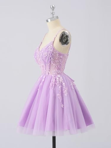 Verngo Tulle Lace Applique Homecoming Dresses for Teens Beaded Spaghetti Straps Mini Cocktail Party Prom Formal Dress3