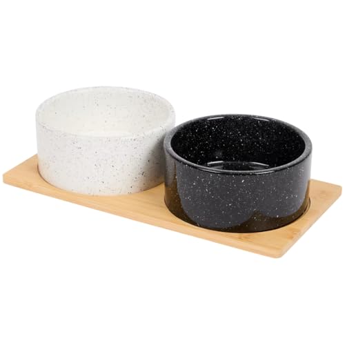 SET 2 PZ Ciotole Legno Bambu' e Ceramica Rialzate, Ciotola Cane Gatto Supporto in Bamboo, Doppia Cani Gatti Rialzata, Scodelle Cibo e Acqua, Taglia PICCOLA MEDIA, Bianco o Nero (BLACK & WHITE)
