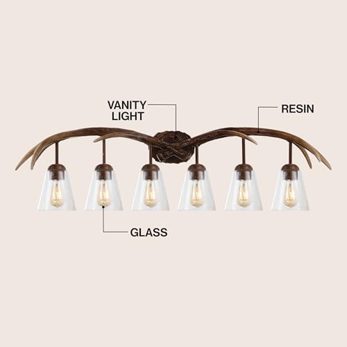 Image of JONATHAN Y 45 inch Brown Wood Finish 6-Light Resin Antlers Vanity Light Wall Sconce Rustic Farmhouse for Living Room Bathroom with Clear Seeded Glass Shades LED Bulbs Included JYL6317A