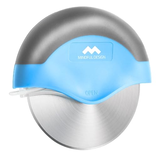Mindful Design Pizza Cutter Wheel with Protective Blade Cover, Easy to Clean and Dishwasher Safe Ergonomic Pizza Slicer (Blue)