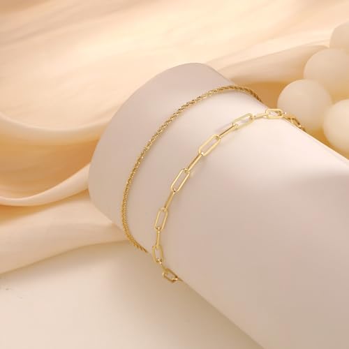 CHESKY Gold Ankle Bracelets for Women, 14k Gold Plated/Sterling Silver Anklet Bracelet Set Layered Glitter Box Paperclip Figaro Cuban Link Anklets for Women, Waterproof Summer Gold Jewelry Gifts