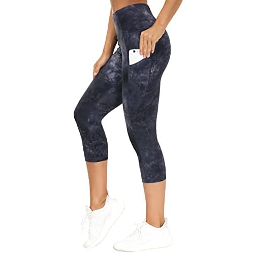 THE GYM PEOPLE Thick High Waist Capris Yoga Pants with Pockets, Tummy Control Workout Running Yoga Leggings for Women Black/Dark Grey/White Small