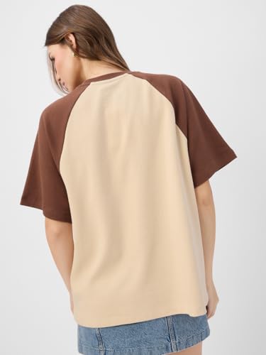 Image of The Souled Store Peanuts: Groovin' Women and Girls Short Sleeves Round Neck Brown Embroidered Cotton Oversized T-Shirts
