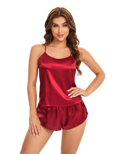 Women Silk Satin Pajamas Set: 2 Piece Sexy Silk Pjs Cami Shorts Set Sleepwear, S-XXL3