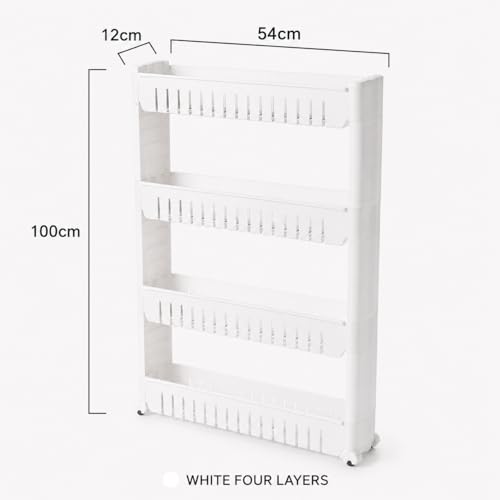 Image of JD FRESH 4-Tier Slim Rolling Storage Organizer Rack /Fridge Side Storage Rack /Plastic Trolley Storage Stand with Wheels /Floor Standing Cabinet for Bathroom and Kitchen Corner Area (White)
