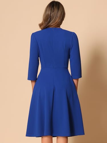 Image of Allegra K Elegant Work Dress for Women's 3 /4 Sleeve Round Neck Pockets Vintage A-Line Swing Midi Dress