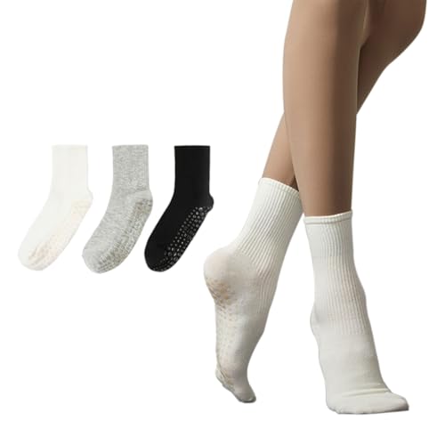Image of Yoga Pilates Socks 3 Pair for Woman with Non Slip Grippers,Barre Ballet Workout Athletic Crew Socks