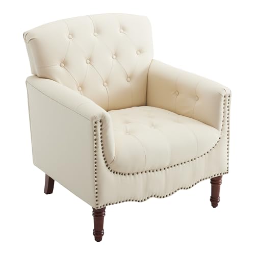 MOJAY-Faux-Leather-Accent-Chair-Mid-Century-Modern-Living-Room-Chair-Comfy-Armchair-with-Thick-Padded-Cushion-Lounge-Sofa-Club-Chair-with-Sturdy-Wood-Legs-for-Bedroom-Home-Office-Ivory-White MOJAY Faux Leather Accent Chair Mid Century Modern Living Room Chair Comfy Armchair with Thick Padded Cushion Lounge Sofa Club Chair with Sturdy Wood Legs for Bedroom Home Office Ivory White
