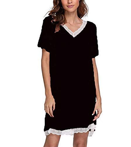 Chemise de nuit en coton col en V style décontracté chic noir