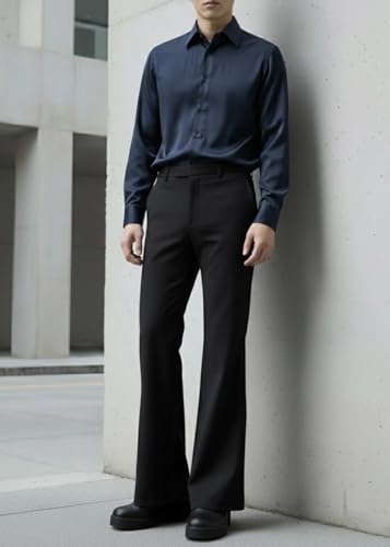 Image of Men's Slim-Fit Flared Trouser, Japnese febric High-Waisted Modern Bootcut Bellbottom Pant, Black