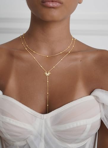 Image of CHESKY Long Necklaces for Women, 14k Gold Plated /Streling Silver Lariat Necklace Dainty Statement Prom Necklace Rosary Cross Sun Drop Pendant Dangle Necklace Gold Prom Jewelry for Women Gifts