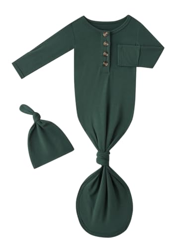 Newborn Baby Boys Girls Knotted Gown Headband/Hat Set Clothes Bamboo Viscose Soft Sleeper Sleep Gown with Mittens