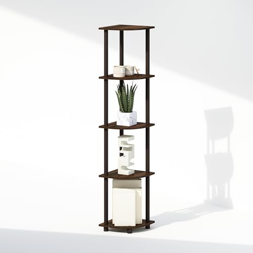 Image of Furinno Turn-N-Tube Storage Shelves, 5-Tier Book Shelf, Corner Shelf, Toolless Open Shelves, for Organization and Storage, Living Room, Home Office, Hallway, Bedroom, Walnut