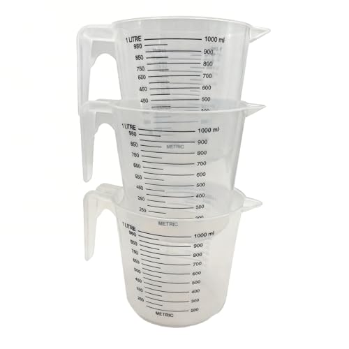Jarra medidora de plástico transparente de 1 litro para hornear cocina y cocina con mango apilable