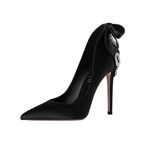 XYD Women Exquisite Satin Rhinestones High Thin Heel Pumps Closed Pointed Toe Slip On Cocktail Evening Party Event Dress Shoes