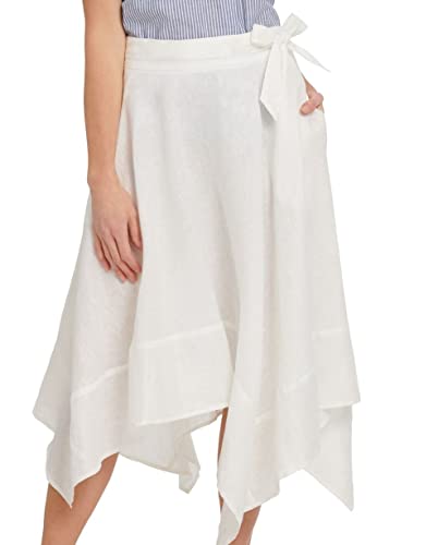 DKNY Womens Belted Linen Asymmetrical Skirt, Off-White, 6