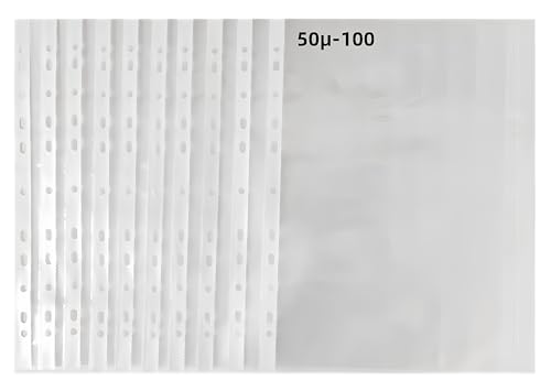 MIEGUIWOR 100 Pièces Pochette Plastique A4 transparente (0.05mm,50 microns,50μm),DIN A4 Pochettes Plastiques Perforées A4,11 trous Étui Dossier 2/3/4 Anneaux Pour École/Bureau (Bord blanc,5C-100)