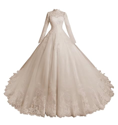 High Neck Lace Wedding Dresses Long Sleeve Ball Gown A Line Bridal Gowns for Women with Train